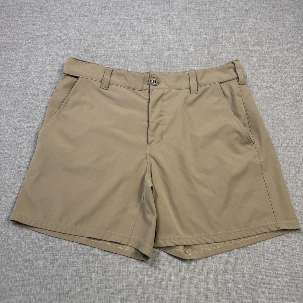 Huk Fishing Chino Shorts Mens Large Beige 6" Inseam Polyester Spandex Stretch